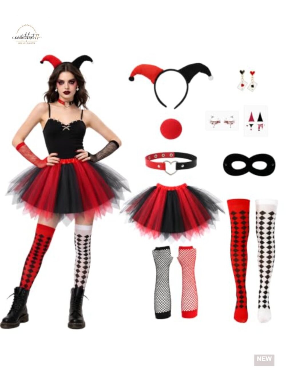 JATEBI Women's Halloween Clown Costume Accessory Set Tutu Skirt Fishnet Gloves
